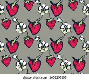 Seamless floral pattern with wild strawberry ornamental decorative background. Vector pattern. Print for textile, cloth, wallpaper, scrapbooking