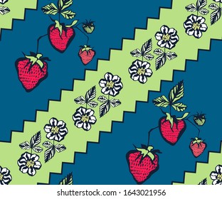 Seamless floral pattern with wild strawberry ornamental decorative background. Vector pattern. Print for textile, cloth, wallpaper, scrapbooking