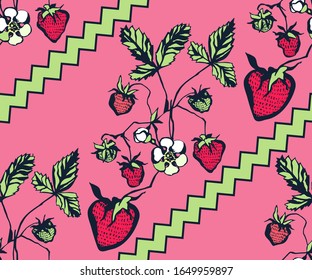 Seamless floral pattern with wild strawberry ornamental decorative background. Vector pattern. Print for textile, cloth, wallpaper, scrapbooking