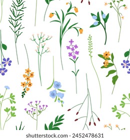 Seamless floral pattern with wildflowers. Botanical print for textile, wallpaper. Delicate field blooms and twigs, endless background. Meadow flowers. Spring and summer flat vector illustration