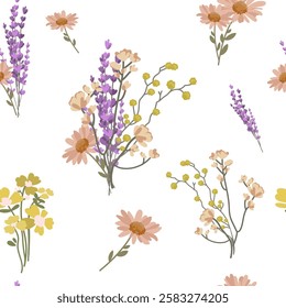 Seamless floral pattern with wildflowers on white background. Wild flowers and herbs background for printing, fabrics, paper. Soft colors create a vintage elegant botanical design.Vector illustration