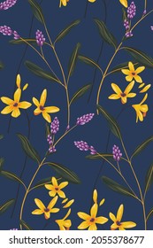 Seamless floral pattern with wildflowers. Simple composition of plants on a blue background. Vector illustration.