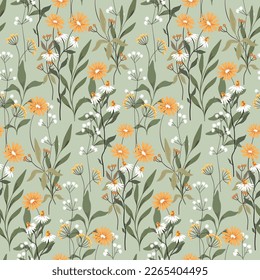 Seamless floral pattern with wildflowers in vintage style. Beautiful botanical print with hand drawn wild plants: small flowers, branches, herbs, leaves on a gray-green background. Vector illustration