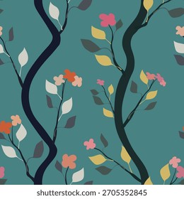 Seamless floral pattern with winding dark tree branches, colorful leaves, and flowers on a teal background. Trendy botanical wallpaper design