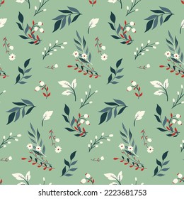 Seamless floral pattern with winter botany in modern folk style. Beautiful floral design, abstract arrangement of decorative wild plants: small flowers, twigs, leaves on mint background. Vector.