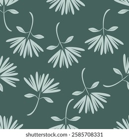 Seamless floral pattern with winter botany in vintage style. Abstract botanical composition with hand drawn wild plants: small flowers on branches, leaves on a blue background. Vector illustration.