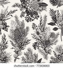 Seamless floral pattern. Winter christmas decor. Evergreen, cone, succulents, flowers, leaves, berries. Botanical vector vintage illustration. Black and white