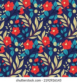 Seamless floral pattern, winter ditsy print with hand drawn wild plants. Trendy botanical background with winter flowers, leaves, herbs in red and blue colors. Vector illustration.