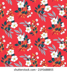 Seamless floral pattern, winter ditsy print with wild plants in vintage style. Botanical background design with hand drawn botany, flowers, leaves, herbs, branches in bouquets on a red field. Vector.