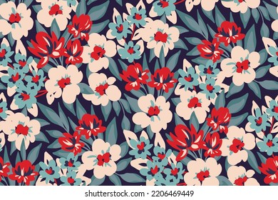 Seamless floral pattern, winter ditsy print with hand drawn artistic meadow. Abstract botanical arrangement with small wild flowers, leaves on a blue background. Vector illustration.