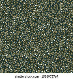 Seamless floral pattern with winter plants. Winter floral background. Colorful pattern with Christmas floral elements on a green background. Holiday design for Christmas and New Year fashion prints.