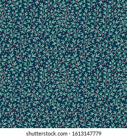 Seamless floral pattern with winter plants. Winter floral background. Colorful pattern with Christmas floral elements on a green background. Holiday design for Christmas and New Year fashion prints.