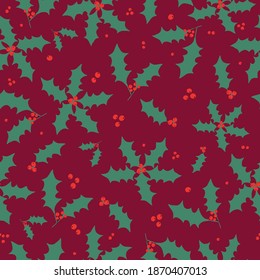 Seamless floral pattern with winter plants. Holly background. Colorful pattern with Christmas floral elements on a Burgundy background. Holiday design for Christmas and new year fashion prints