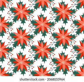 Seamless floral pattern with winter plants. Hand drawn winter holiday design for Christmas and New Year greeting cards, fabric, wrapping paper. Vector illustration