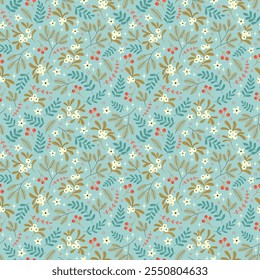 Seamless floral pattern with winter plants. Winter floral background. Colorful pattern with Christmas floral elements on a blue background. Holiday design for Christmas and New Year fashion prints.