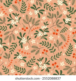 Seamless floral pattern with winter plants. Winter floral background. Colorful pattern with Christmas floral elements on a beige background. Holiday design for Christmas and New Year fashion prints.