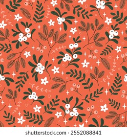 Seamless floral pattern with winter plants. Winter floral background. Cute pattern with Christmas floral elements on a terracotta background. Holiday design for Christmas and New Year fashion prints.