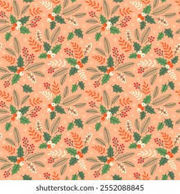 Seamless floral pattern with winter plants. Winter floral background. Colorful pattern with Christmas floral elements on a peach background. Holiday design for Christmas and New Year fashion prints.