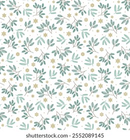 Seamless floral pattern with winter plants. Winter floral background. Pattern with Christmas floral elements on a white background. Holiday design for Christmas and New Year fashion prints.