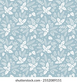 Seamless floral pattern with winter plants. Winter floral background. Pattern with Christmas floral elements on a blue background. Holiday design for Christmas and New Year fashion prints.