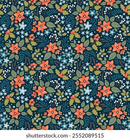 Seamless floral pattern with winter plants. Winter floral background. Colorful pattern with Christmas floral elements on a blue background. Holiday design for Christmas and New Year fashion prints.