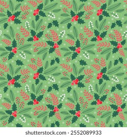Seamless floral pattern with winter plants. Winter floral background. Pattern with Christmas floral elements on a green background. Holiday design for Christmas and New Year fashion prints.