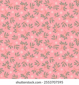 Seamless floral pattern with winter plants. Winter floral background. Pattern with Christmas elements, fir branches and snowflakes on a pink background. Holiday design for Christmas and New Year