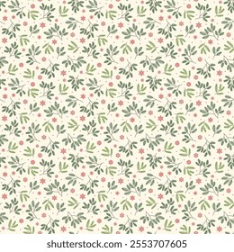 Seamless floral pattern with winter plants. Winter floral background. Pattern with Christmas elements, fir branches and snowflakes on a ivory background. Holiday design for Christmas and New Year