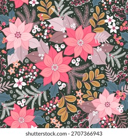 Padrão floral contínuo com plantas de inverno. Feliz Natal, Feliz Ano Novo Padrão de férias com folhas e bagas para cartões de felicitações, papéis de embrulho. Padrão de inverno com elementos de Natal. Ação 