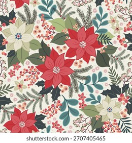 Padrão floral contínuo com plantas de inverno. Feliz Natal, Feliz Ano Novo Padrão de férias com folhas e bagas para cartões de felicitações, papéis de embrulho. Padrão de inverno com elementos de Natal. Ação 