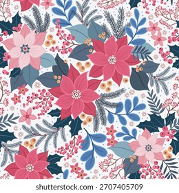Padrão floral contínuo com plantas de inverno. Feliz Natal, Feliz Ano Novo Padrão de férias com folhas e bagas para cartões de felicitações, papéis de embrulho. Padrão de inverno com elementos de Natal. Ação 
