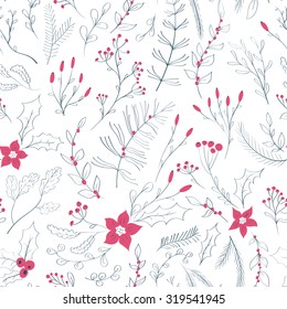 Seamless floral pattern with winter plants. Hand drawn winter holiday design for Christmas and New Year greeting cards, fabric, wrapping paper, invitation, stationery.