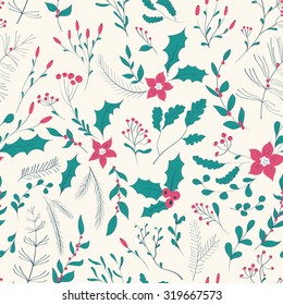 Seamless floral pattern with winter plants. Hand drawn winter holiday design for Christmas and New Year greeting cards, fabric, wrapping paper, invitation, stationery.