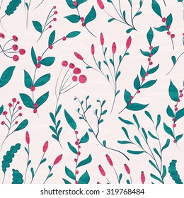 Seamless floral pattern with winter plants. Hand drawn winter holiday design for Christmas and New Year greeting cards, fabric, wrapping paper, invitation, stationery.