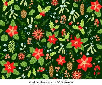 Seamless floral pattern with winter plants. Winter floral background. Colorful pattern with Christmas floral elements on a green background. Holiday design for Christmas and New Year fashion prints.