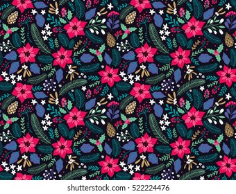 Seamless floral pattern with winter plants. Winter floral background. Colorful pattern with Christmas floral elements on a blue background. Holiday design for Christmas and New Year fashion prints.