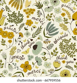 Seamless floral pattern with- thank you- words in different languages on beige background 