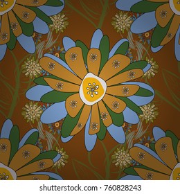 Seamless floral pattern with wonderful flowers in brown, yellow and green tones. Vector illustration.
