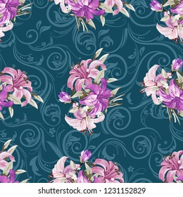 Seamless floral pattern with wonderful lilies Vector Illustration 