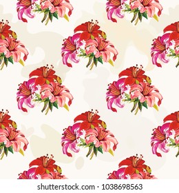 Seamless floral pattern with wonderful violet rose and red lilies Vector Illustration