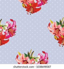 Seamless floral pattern with wonderful violet rose and red lilies Vector Illustration