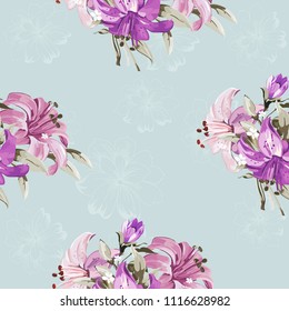 Seamless floral pattern with wonderful violet lilies Vector Illustration