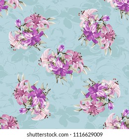 Seamless floral pattern with wonderful violet lilies Vector Illustration