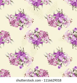 Patrón floral sin fisuras con maravillosas lirios violetas Ilustración vectorial