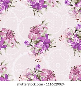 Seamless floral pattern with wonderful violet lilies Vector Illustration