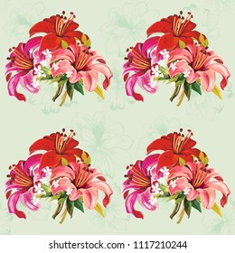 Seamless floral pattern with wonderful violet rose and red lilies Vector Illustration