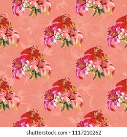 Seamless floral pattern with wonderful violet rose and red lilies Vector Illustration