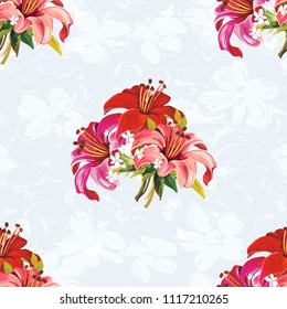 Seamless floral pattern with wonderful violet rose and red lilies Vector Illustration