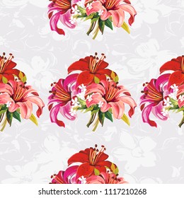 Seamless floral pattern with wonderful violet rose and red lilies Vector Illustration