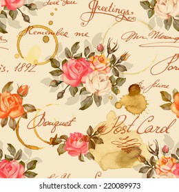 Seamless floral pattern with words, flower vector illustration. Elegance wallpaper with of  roses on floral background. Decorative vector illustration texture. Shabby chic rose. Hand write words